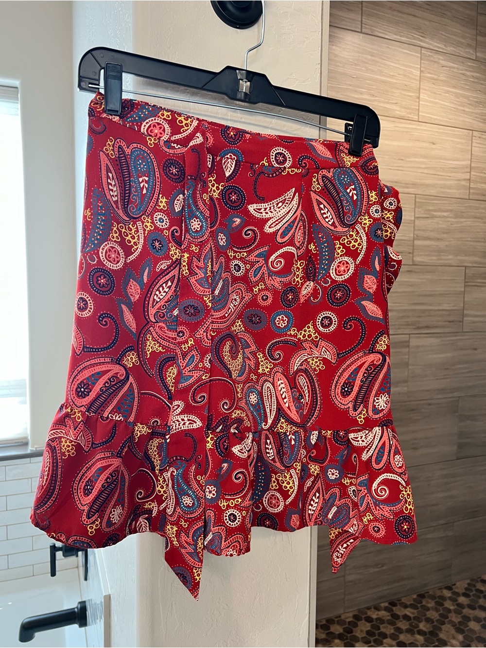 LOFT Rust Red Paisley Mini Skirt with Ruffle Hem